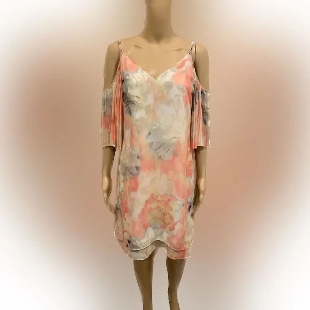 WHBM White House Black Market floral pastel cold shoulder Tiered Dress Sz 4P